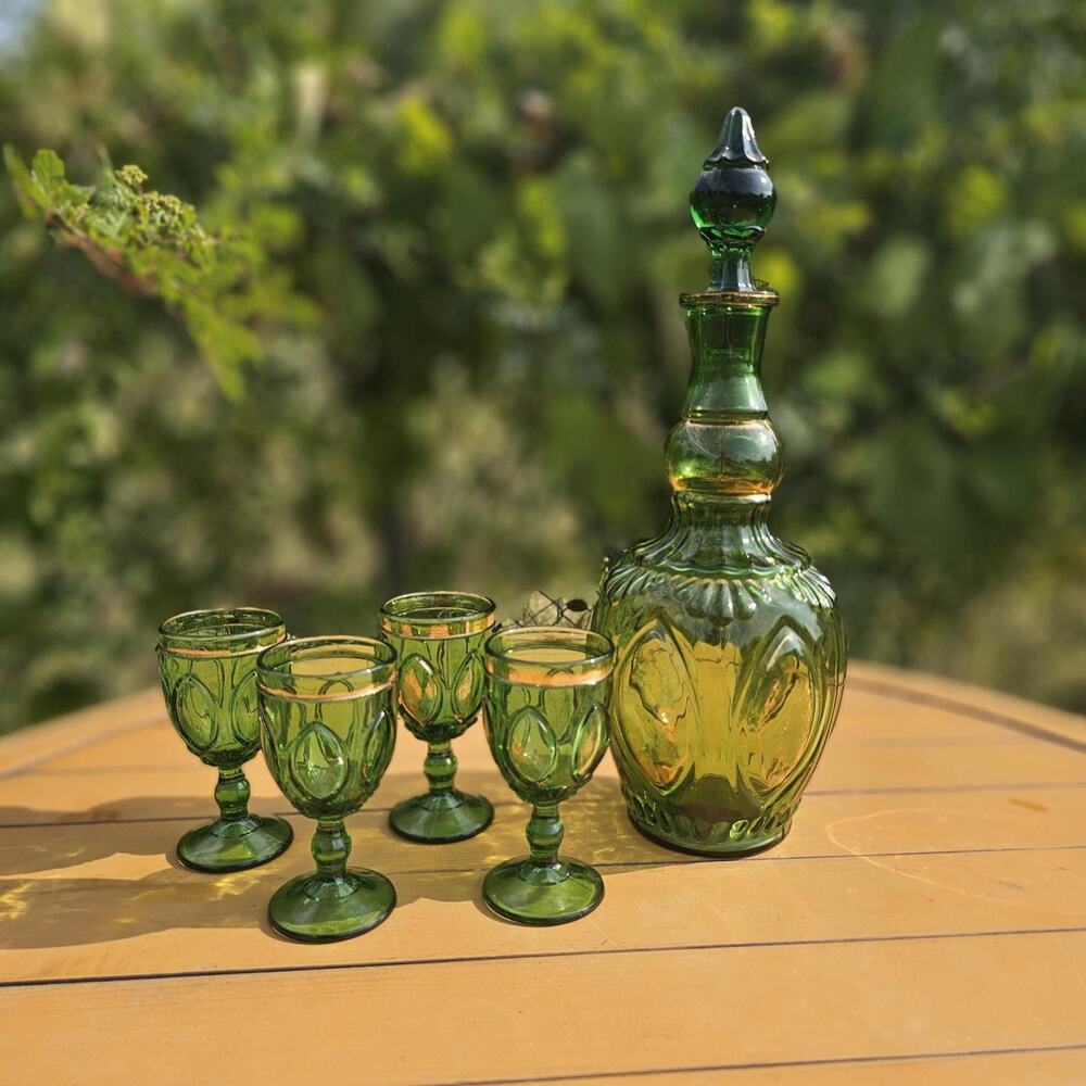 Vintage Green with Gold Gilding Empoli Glass Decanter Set- 4 Small Goblets